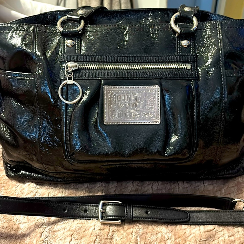 Coach Poppy Liquid Patent Leather Satchel Shoulder Bag Black GUC